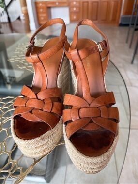 Yves Saint Laurent Tan Brown Woven Leather Espadrille Wedge Sandals